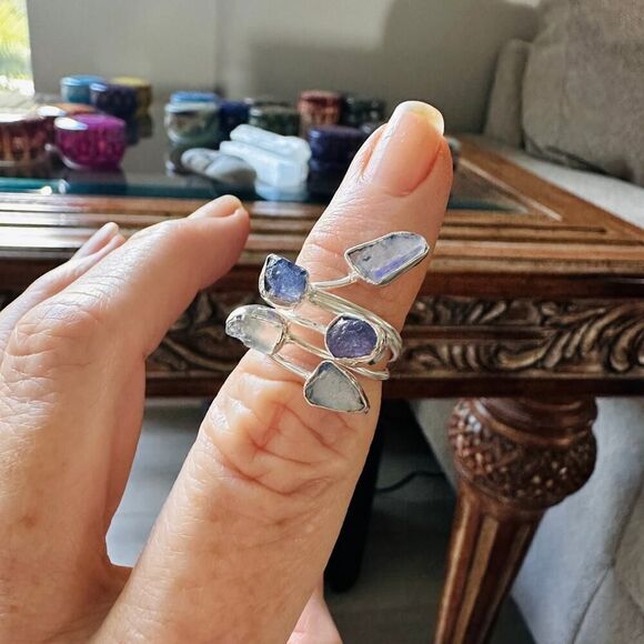 Natural Tanzanite Crystal & Moonstone Rough Sterling Silver Ring - Picture 1 of 9